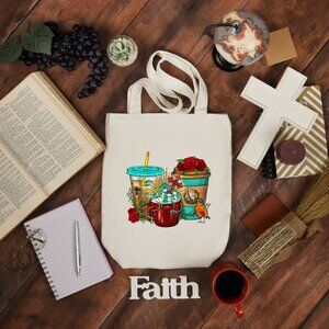 Women's Christian Religious Coffee Print Heavy Canvas Cotton Tote Bag